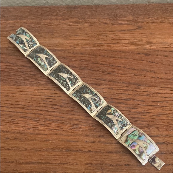 Vintage TAXCO JRB Abalone Inlay Sterling Silver Panel Bracelet - Picture 1 of 15